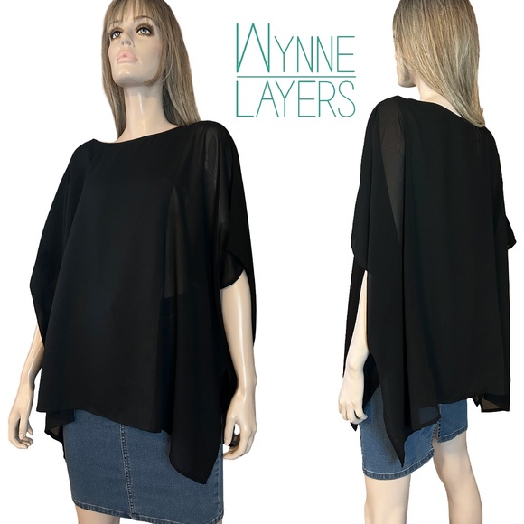 Wynne Layers Top Blouse Batwing Caftan Poncho Chiffon Trim Fluttery Flowy Dressy - Picture 1 of 10